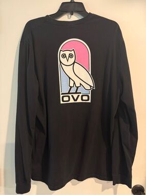 Octobers Very Own OVO Black Long Sleeve Tee with Pink & Blue Owl Logo Size XL